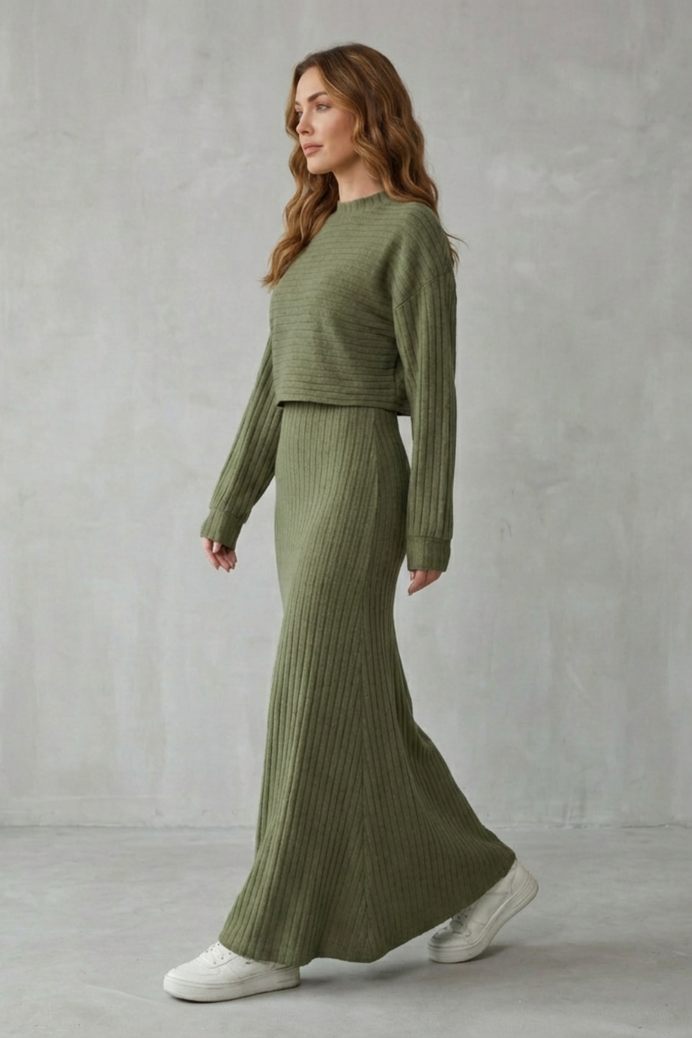 2-in-1 Ribbed Knit Set – Maxi Dress & Cropped Pullover