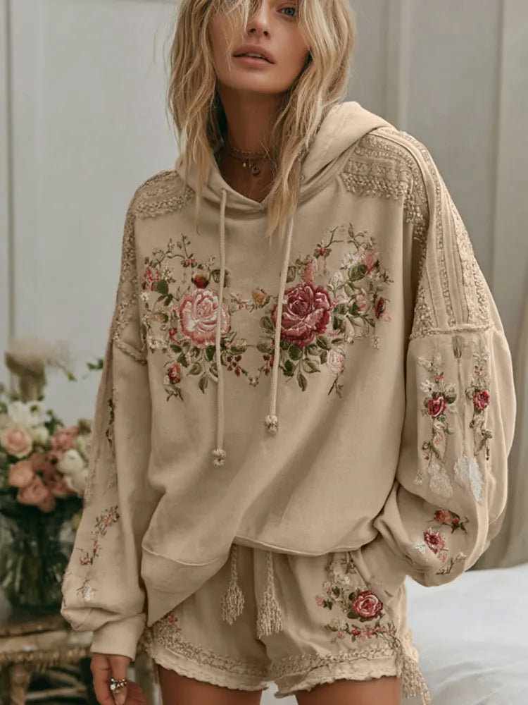 Women's Floral Embroidery Art Cozy Hooded Sweatshirt