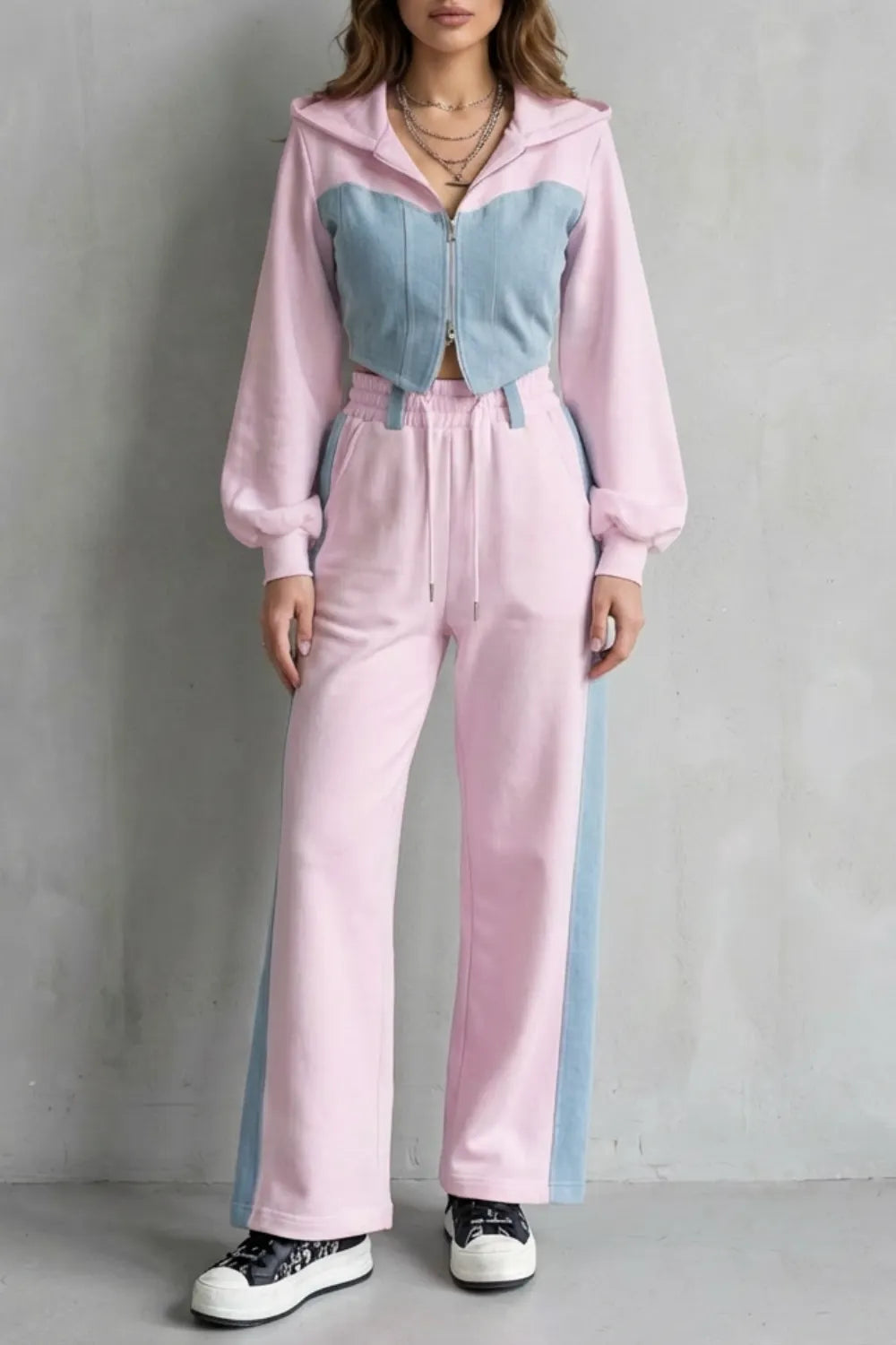 Denim Splice – Two-Piece Hoodie & Sweatpant Set