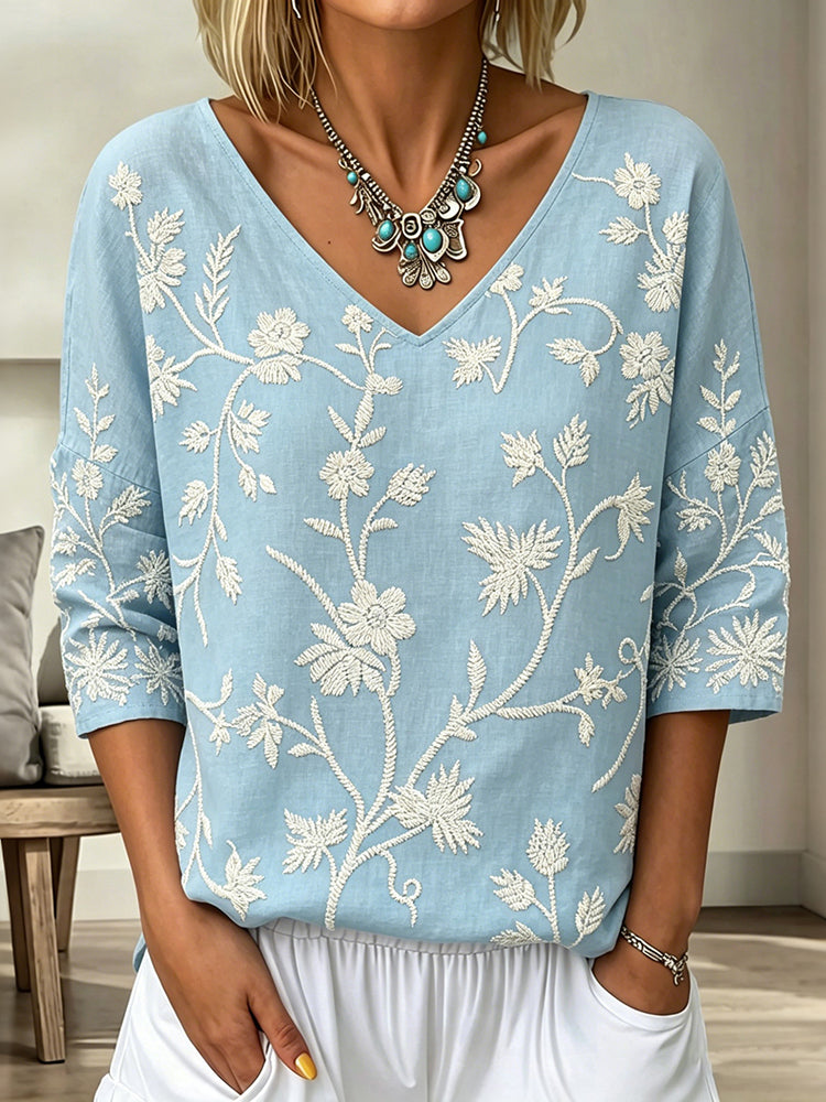 Women's Vintage Floral Pattern Art Print Flowy Linen Blend  Three-quarter Sleeve V Neck Linen Tops