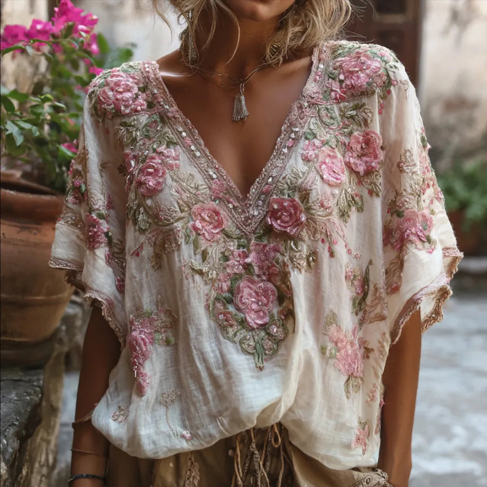 Bohemian-style Pink Floral Embroidery V-neck Short-sleeved Shirt With Sequins
